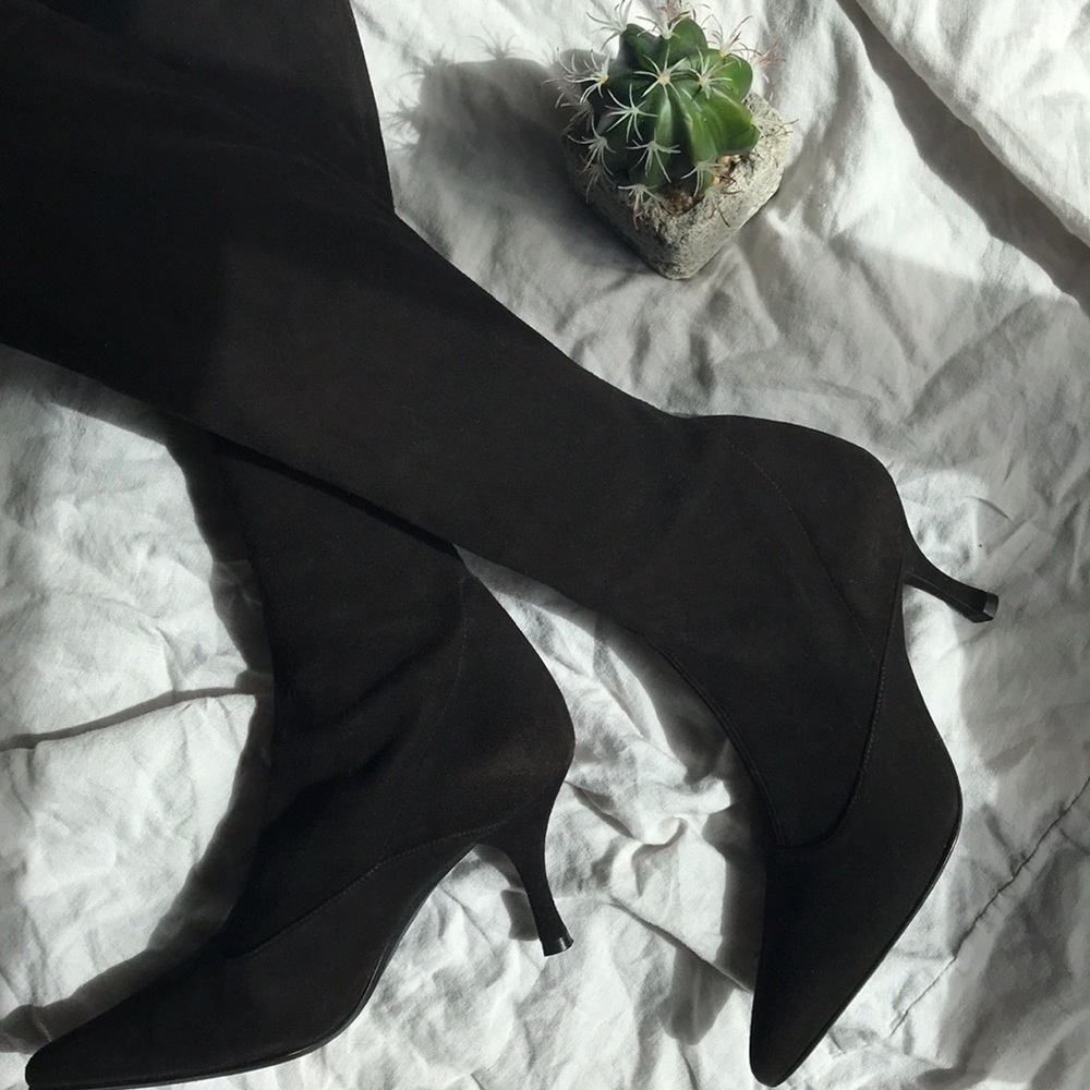 Stuart Weitzman Knee High Heel Boot in Brown Suede